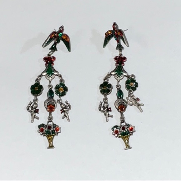 Don-Lin Chandelier Post and Clutch Earrings Enamel Sparkly Stones Vintage - Picture 3 of 15